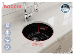 BOCCHI Sotto 18.5" Round Fireclay Undermount Single Bowl Bar Sink with Protective Bottom Grid and Strainer, Black, 1361-005-0120