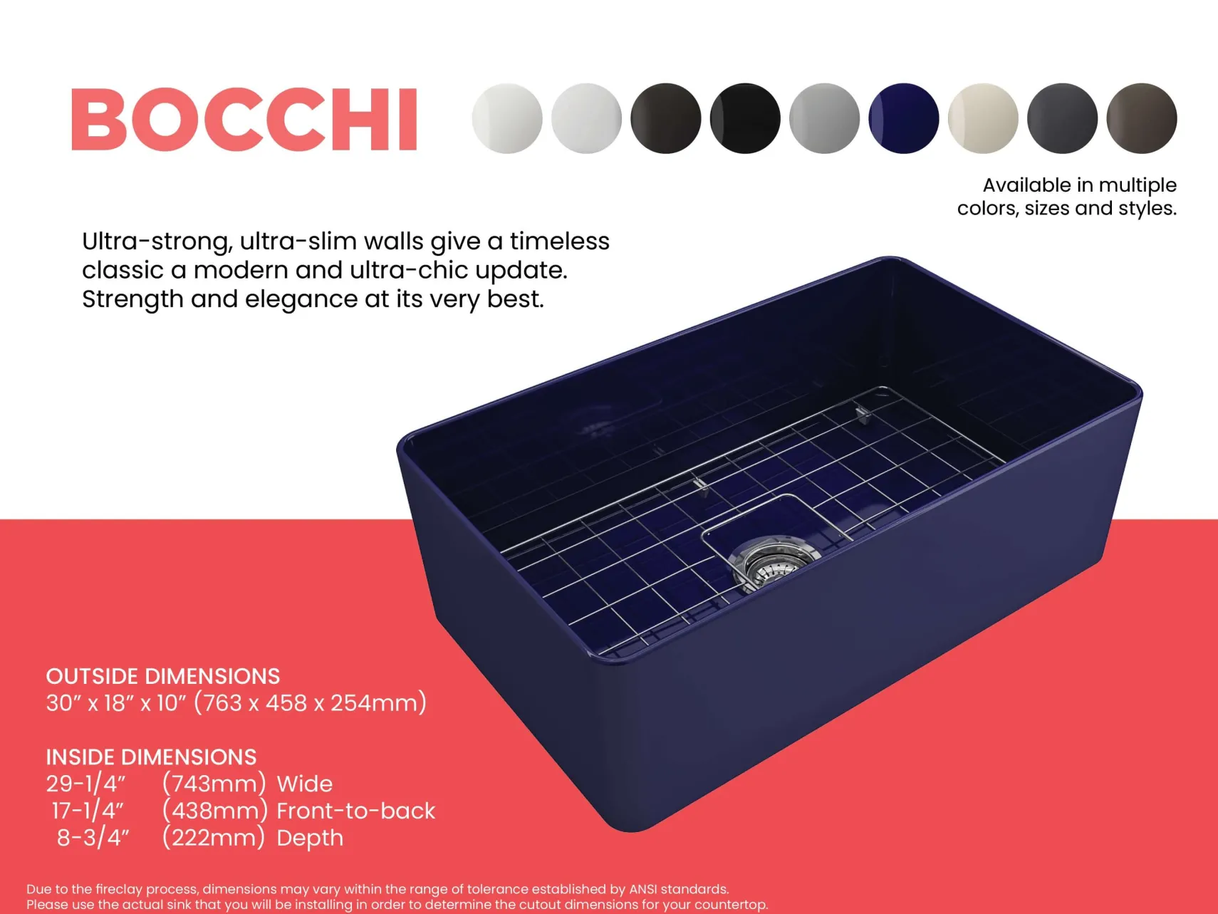 BOCCHI Aderci Ultra-Slim 30" Fireclay Farmhouse Sink, Sapphire Blue, 1481-010-0120