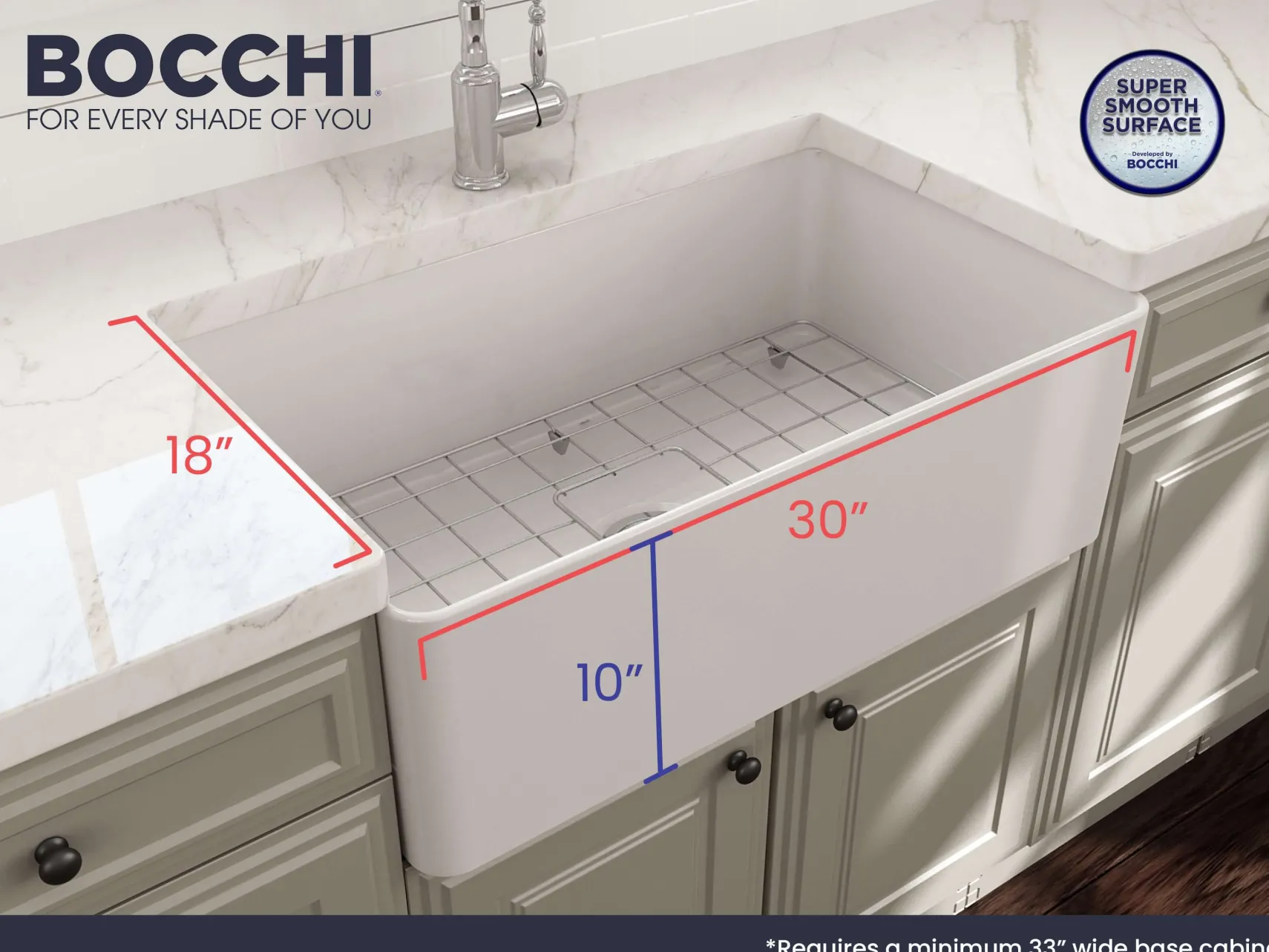 BOCCHI Aderci Ultra-Slim 30" Fireclay Farmhouse Sink, White, 1481-001-0120