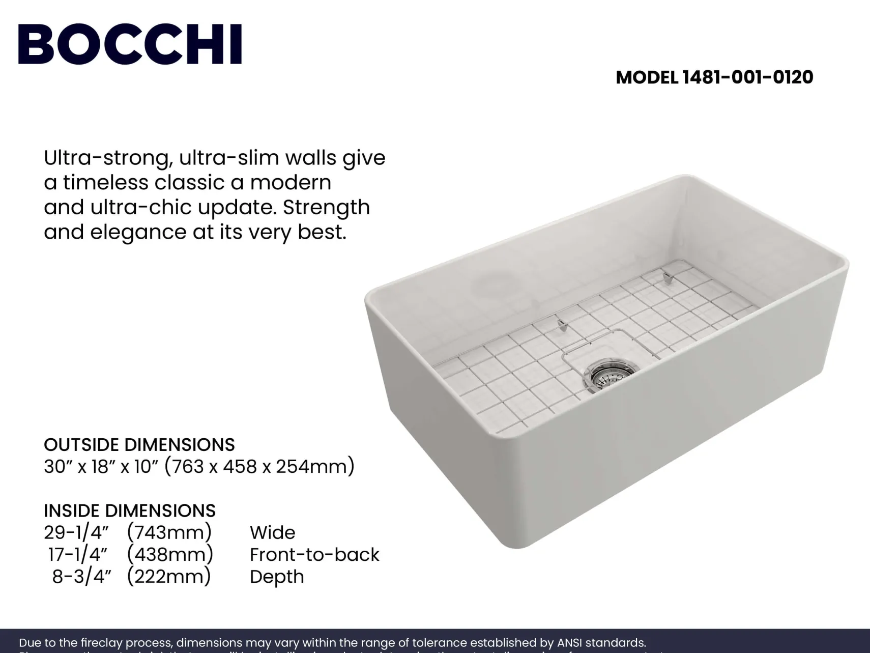BOCCHI Aderci Ultra-Slim 30" Fireclay Farmhouse Sink, White, 1481-001-0120