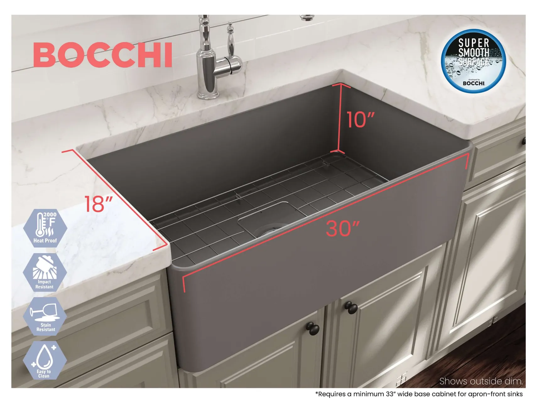 BOCCHI Aderci Ultra-Slim 30" Fireclay Farmhouse Sink, Matte Gray, 1481-006-0120