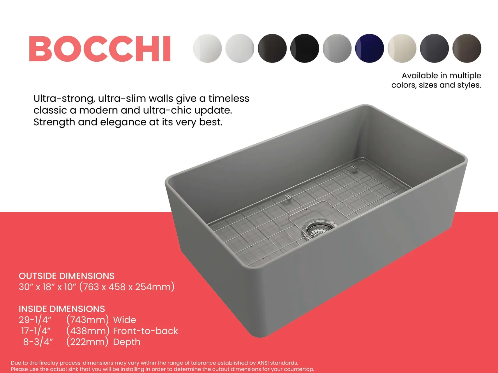 BOCCHI Aderci Ultra-Slim 30" Fireclay Farmhouse Sink, Matte Gray, 1481-006-0120