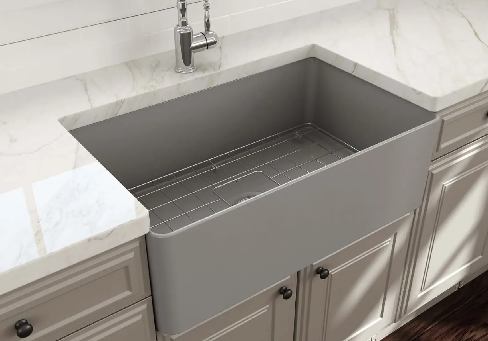 BOCCHI Aderci Ultra-Slim 30" Fireclay Farmhouse Sink, Matte Gray, 1481-006-0120