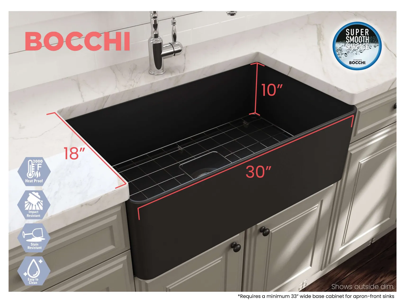 BOCCHI Aderci Ultra-Slim 30" Fireclay Farmhouse Sink, Matte Dark Gray, 1481-020-0120