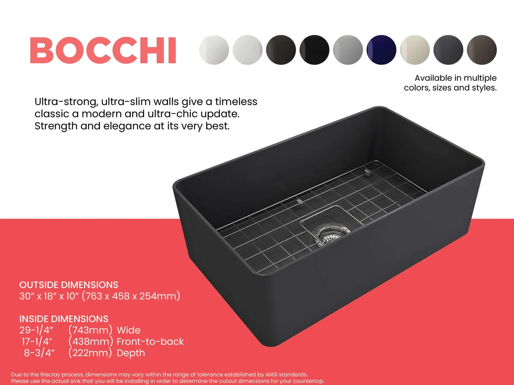 BOCCHI Aderci Ultra-Slim 30" Fireclay Farmhouse Sink, Matte Dark Gray, 1481-020-0120
