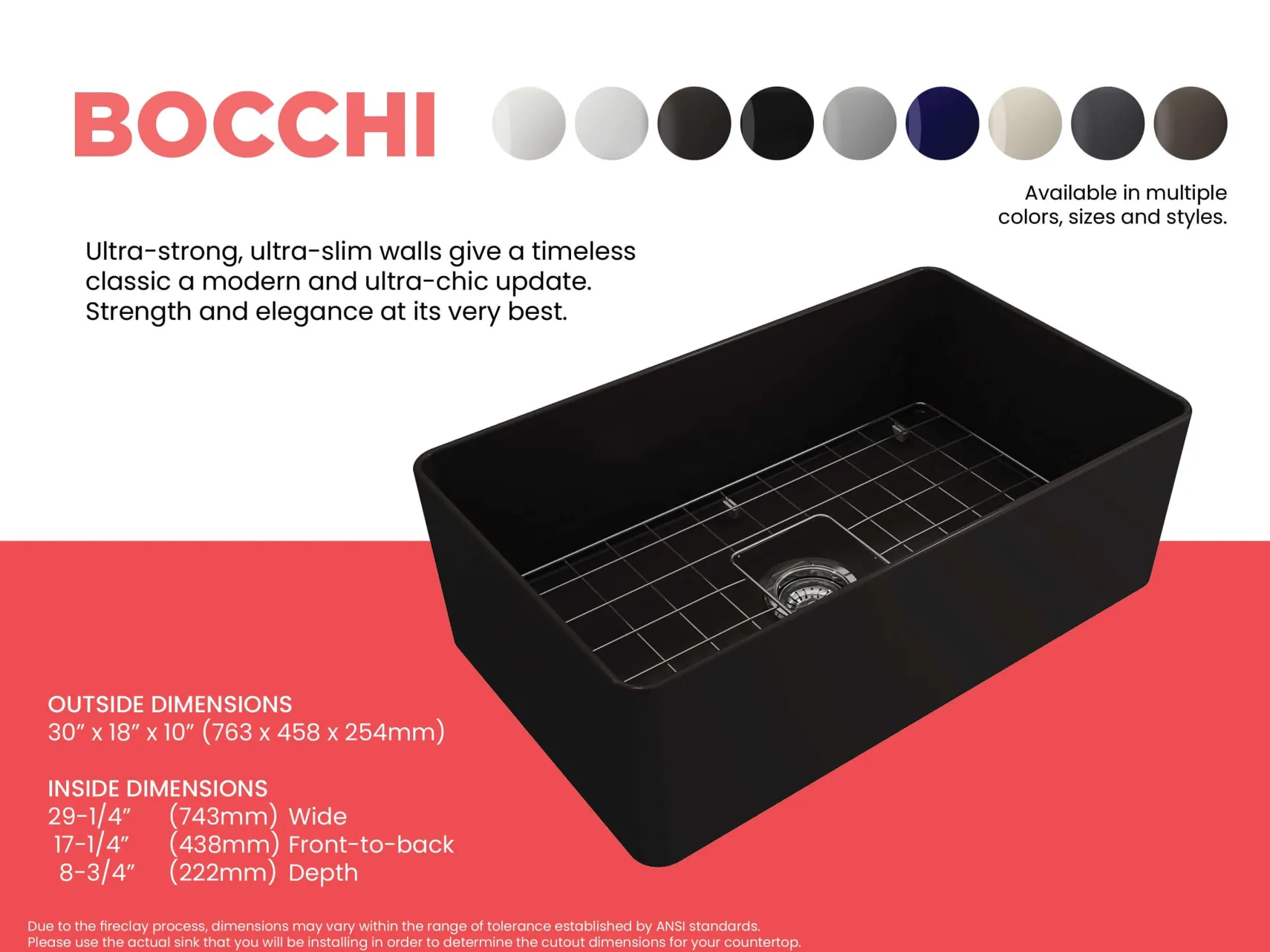 BOCCHI Aderci Ultra-Slim 30" Fireclay Farmhouse Sink, Matte Black, 1481-004-0120