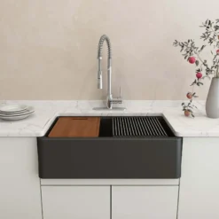 BOCCHI Arona 33" Composite Granite Workstation Farmhouse Sink with Accessories, Matte Black, 1600-504-0120