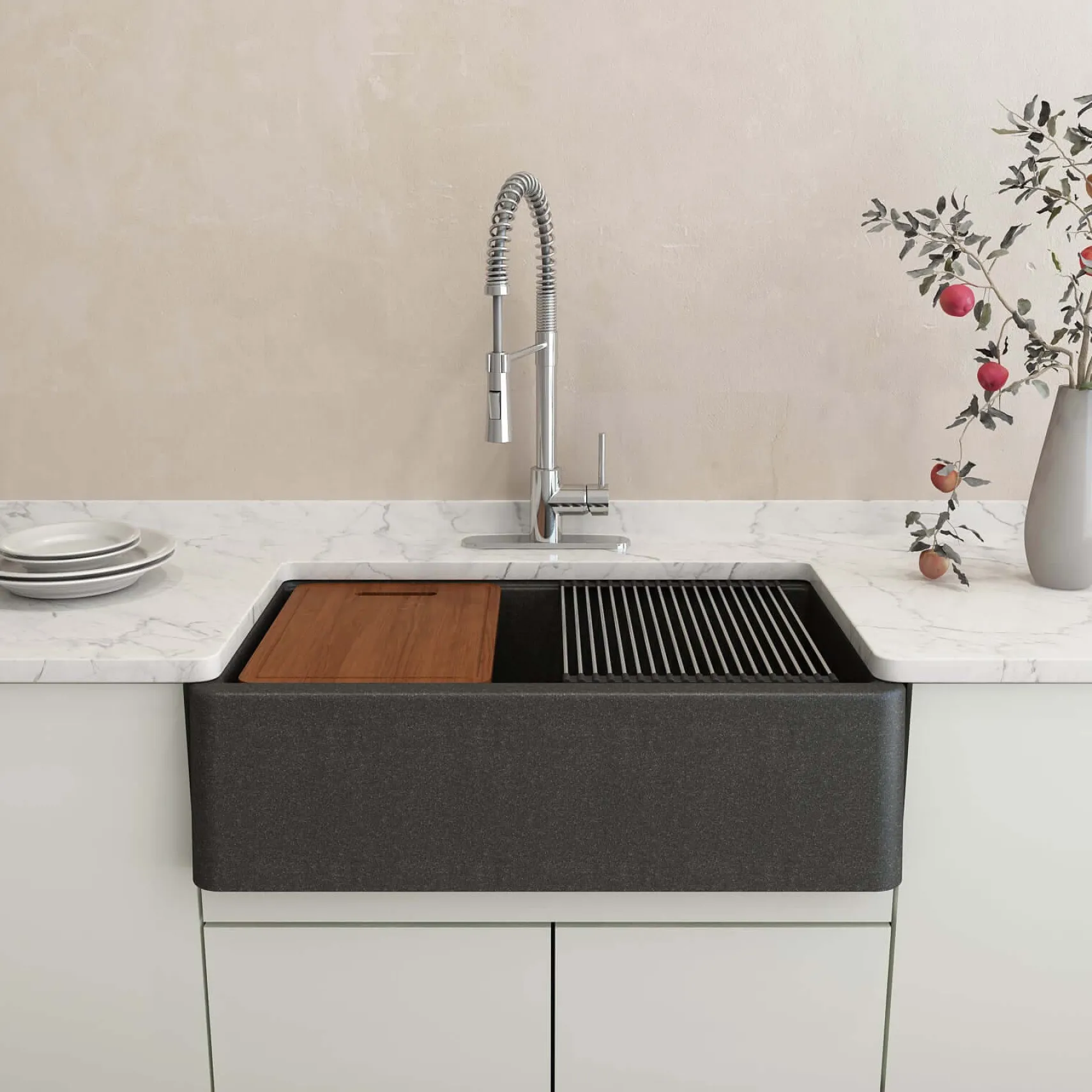 BOCCHI Arona 33" Composite Granite Workstation Farmhouse Sink with Accessories, Metallic Black, 1600-505-0120
