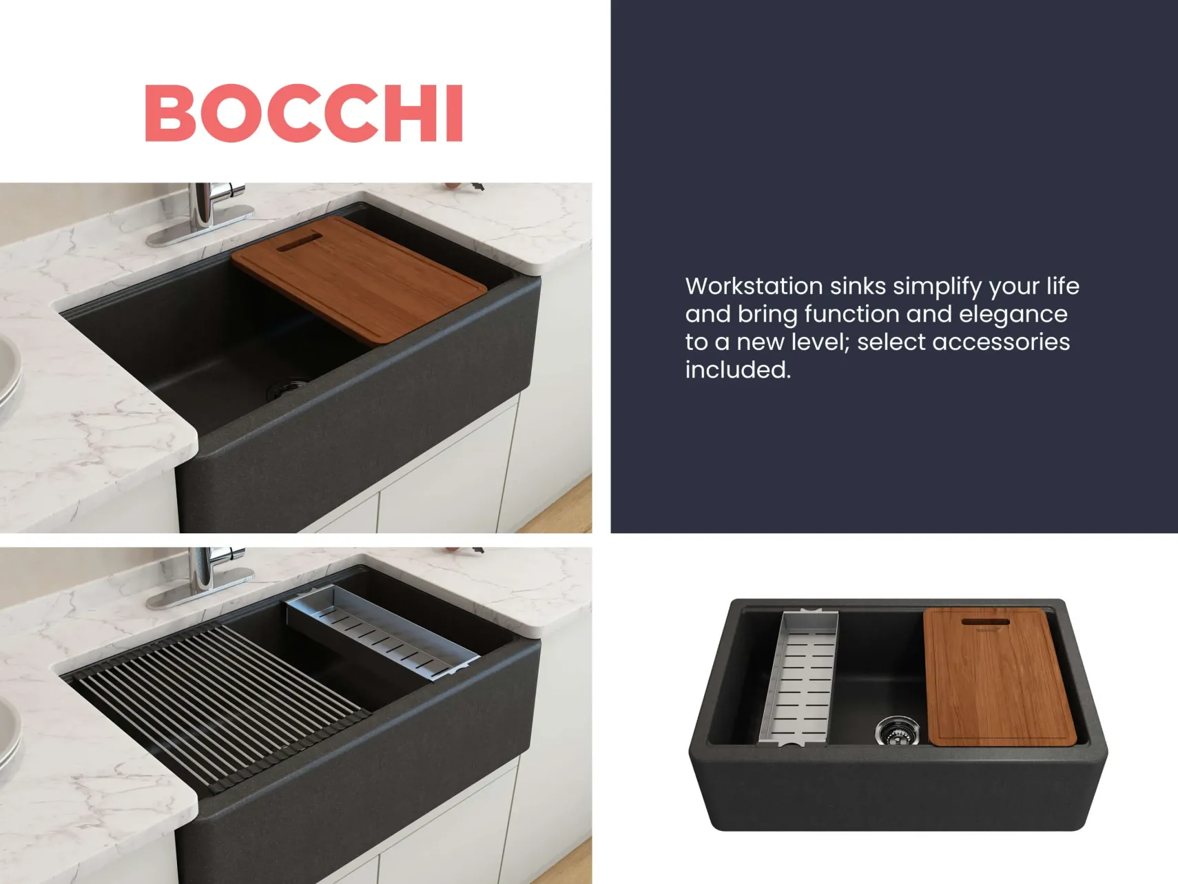 BOCCHI Arona 33" Composite Granite Workstation Farmhouse Sink with Accessories, Metallic Black, 1600-505-0120