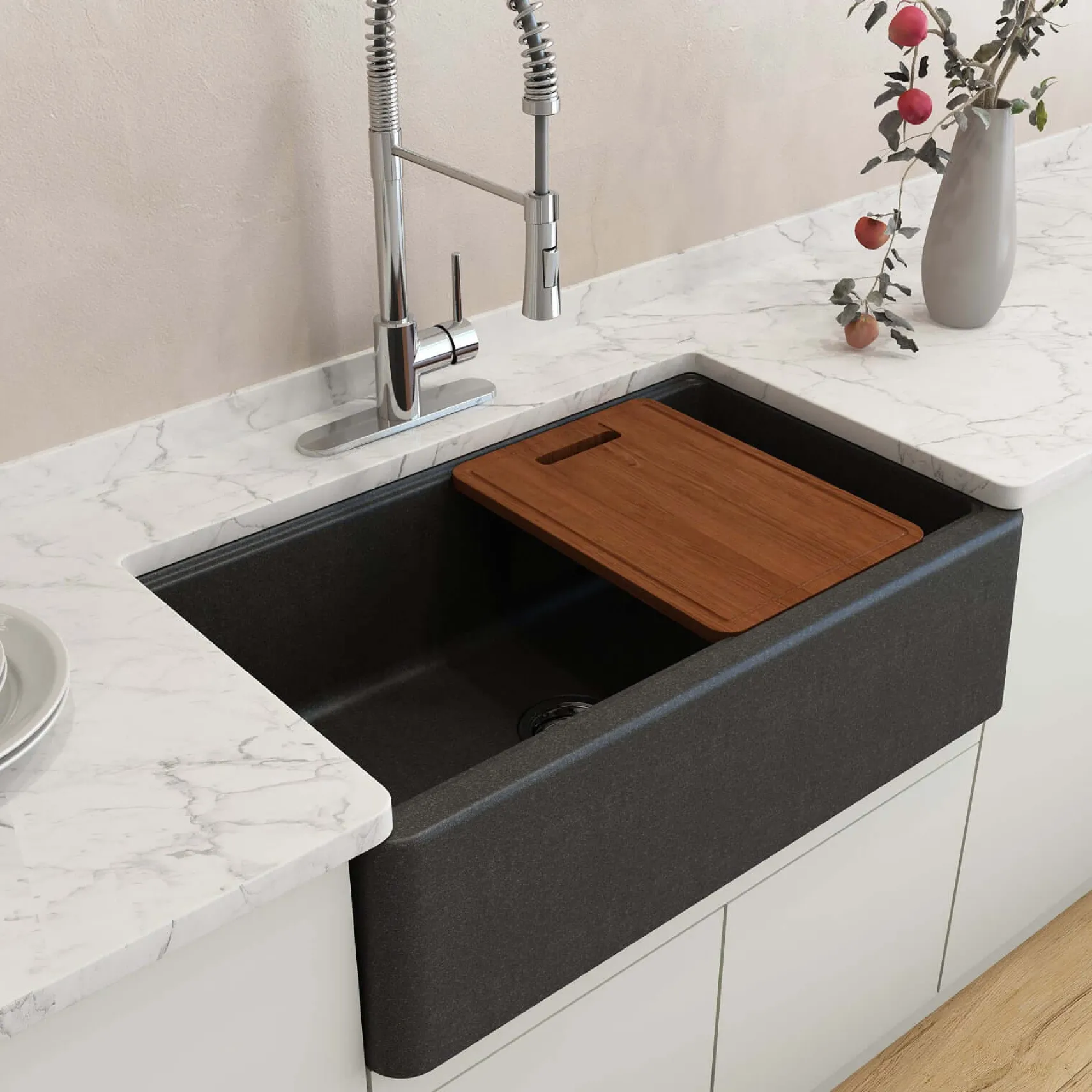 BOCCHI Arona 33" Composite Granite Workstation Farmhouse Sink with Accessories, Metallic Black, 1600-505-0120