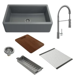 BOCCHI Arona 33" Granite Workstation Farmhouse Sink Kit with Faucet and Accessories, Concrete Gray (sink) / Chrome (faucet), 1600-506-2020CH