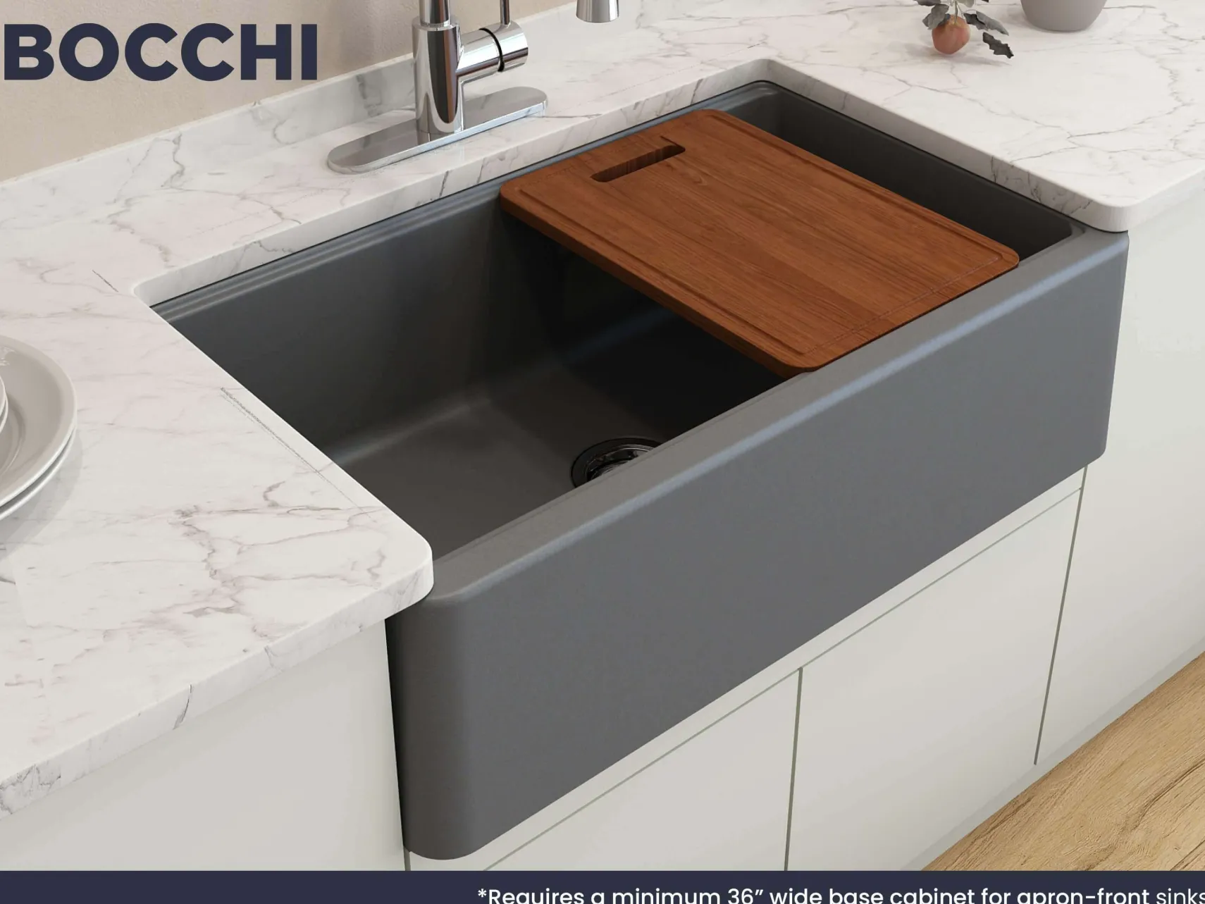 BOCCHI Arona 33" Granite Workstation Farmhouse Sink Kit with Faucet and Accessories, Concrete Gray (sink) / Chrome (faucet), 1600-506-2020CH