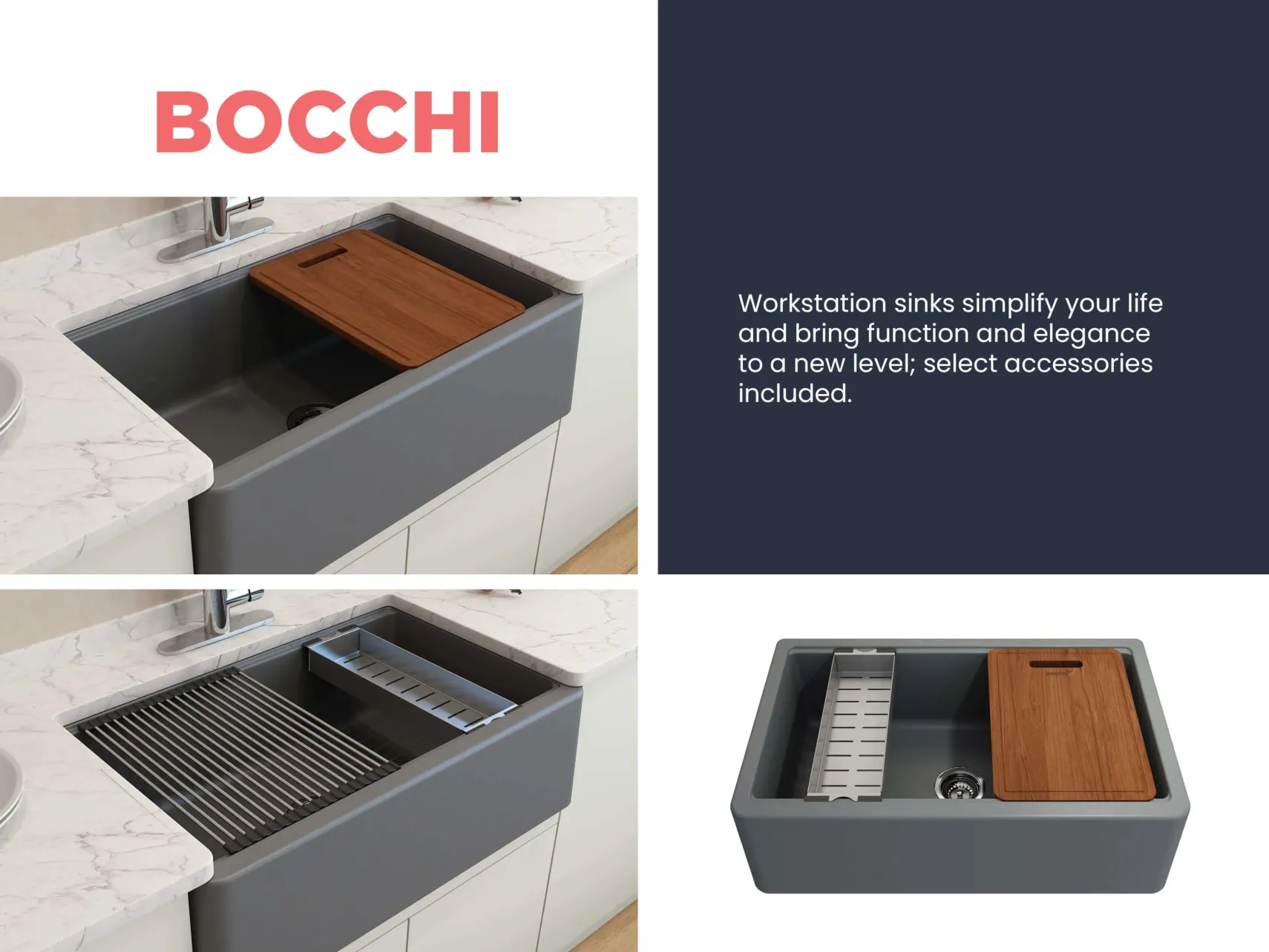 BOCCHI Arona 33" Granite Workstation Farmhouse Sink Kit with Faucet and Accessories, Concrete Gray (sink) / Chrome (faucet), 1600-506-2020CH