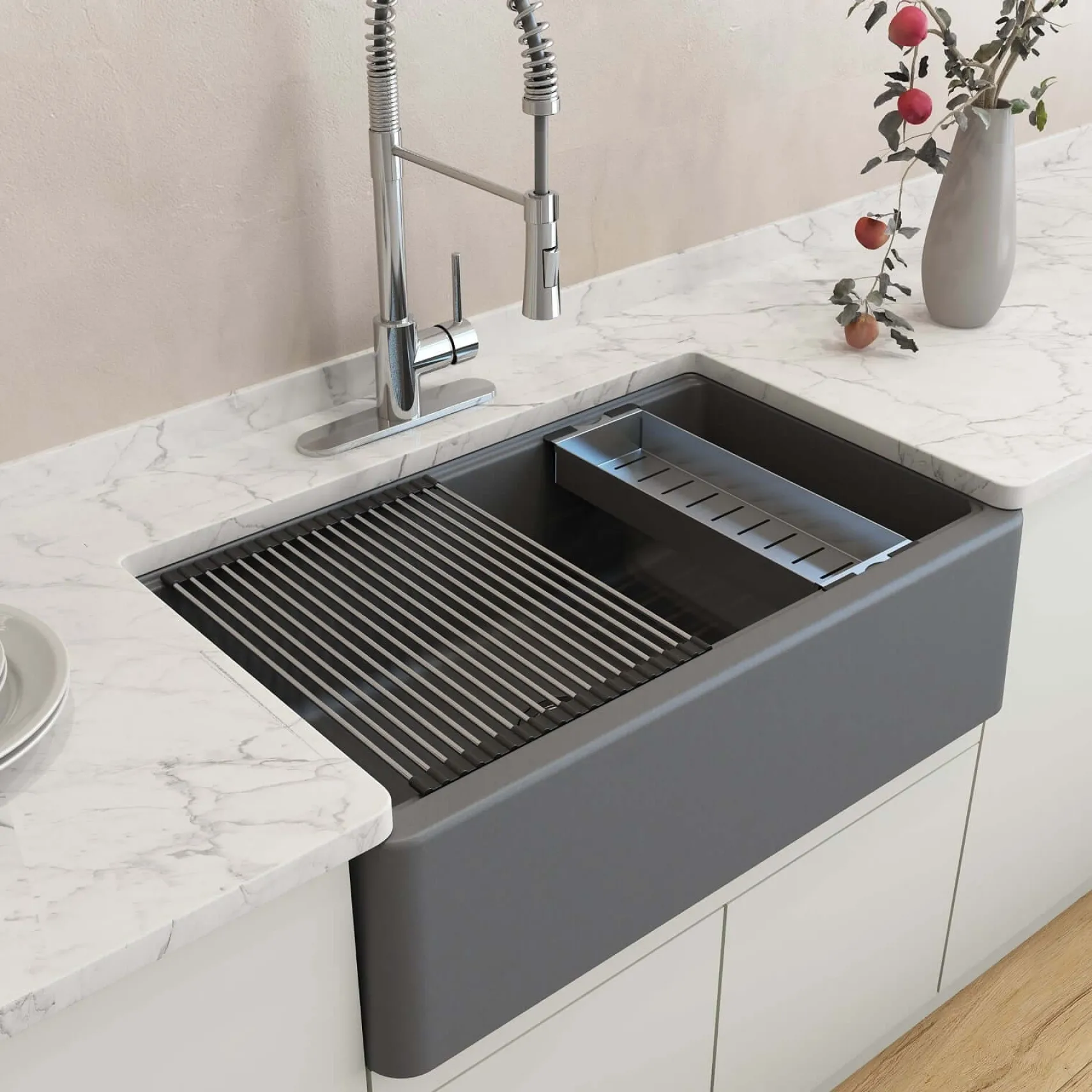 BOCCHI Arona 33" Granite Workstation Farmhouse Sink Kit with Faucet and Accessories, Concrete Gray (sink) / Chrome (faucet), 1600-506-2020CH