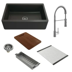 BOCCHI Arona 33" Granite Workstation Farmhouse Sink Kit with Faucet and Accessories, Matte Black (sink) / Chrome (faucet), 1600-504-2020CH