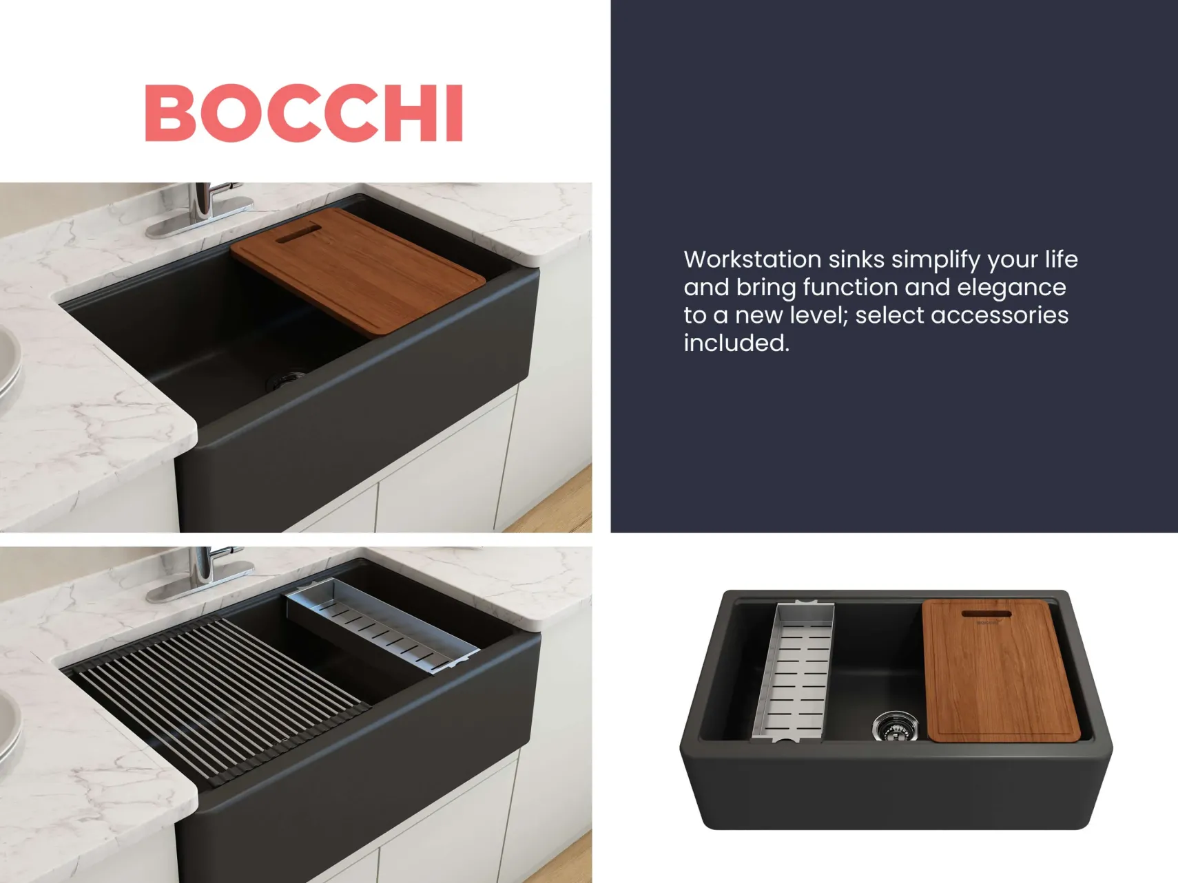 BOCCHI Arona 33" Granite Workstation Farmhouse Sink Kit with Faucet and Accessories, Matte Black (sink) / Chrome (faucet), 1600-504-2020CH