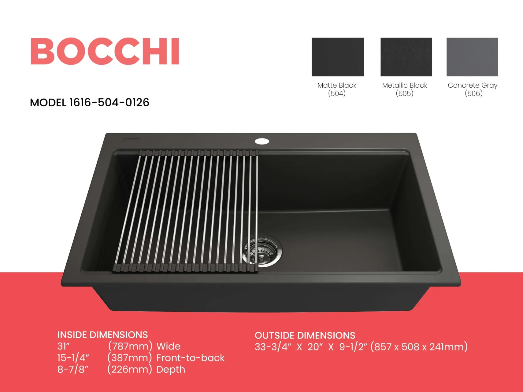 BOCCHI Baveno Lux 33" Dual Mount Granite Workstation Kitchen Sink Kit with Accessories, Matte Black, 1616-504-0126