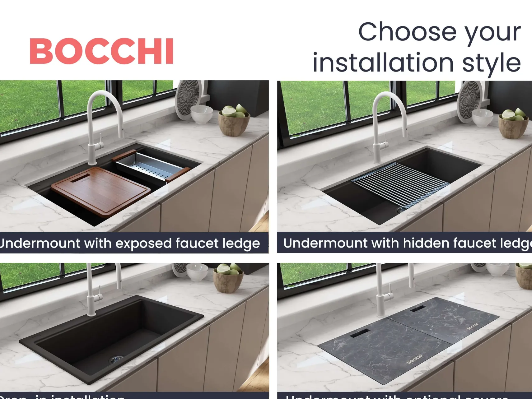 BOCCHI Baveno Lux 33" Dual Mount Granite Workstation Kitchen Sink Kit with Accessories, Matte Black, 1616-504-0126