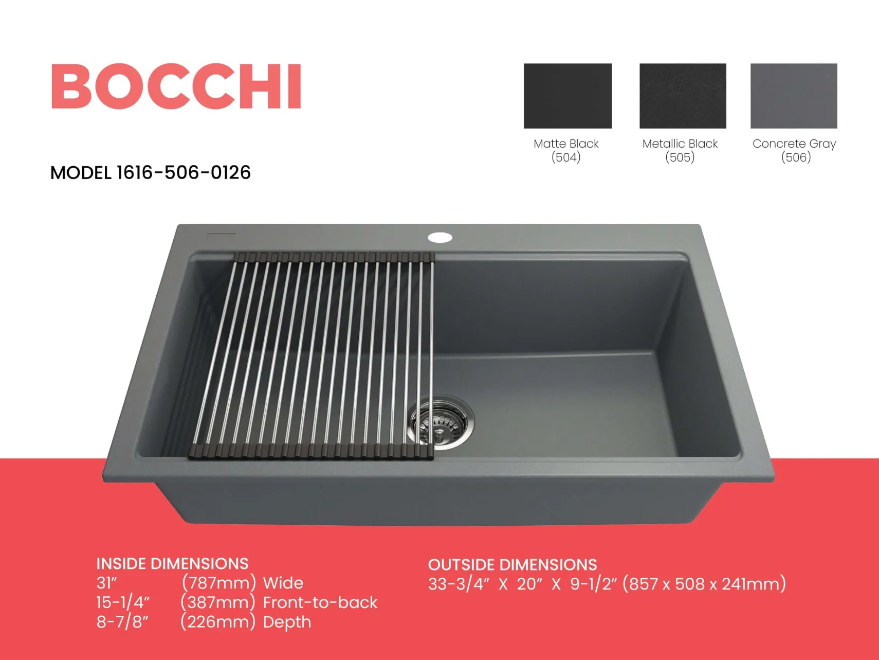 BOCCHI Baveno Lux 33" Dual Mount Granite Workstation Kitchen Sink Kit with Accessories, Concrete Gray, 1616-506-0126