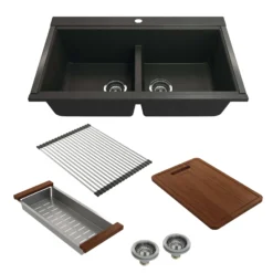 BOCCHI Baveno Lux 34" Undermount Granite Workstation Kitchen Sink Kit with Accessories, 50/50 Double Bowl, Metallic Black, 1618-505-0126