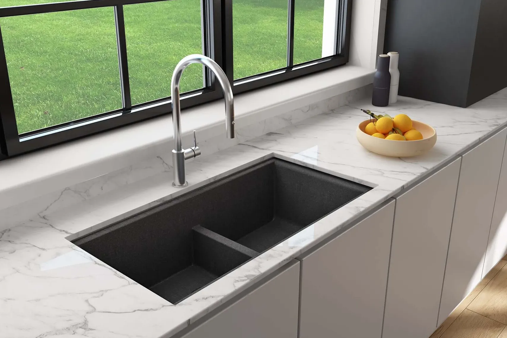 BOCCHI Baveno Lux 34" Undermount Granite Workstation Kitchen Sink Kit with Accessories, 50/50 Double Bowl, Metallic Black, 1618-505-0126