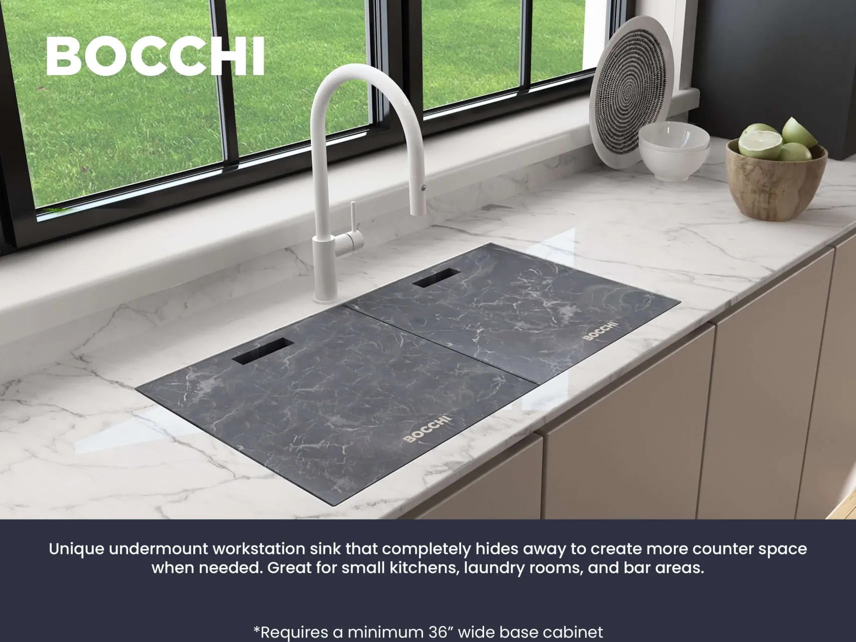 BOCCHI Baveno Lux 34" Undermount Granite Workstation Kitchen Sink Kit with Accessories, 50/50 Double Bowl, Matte Black, 1618-504-0126HP