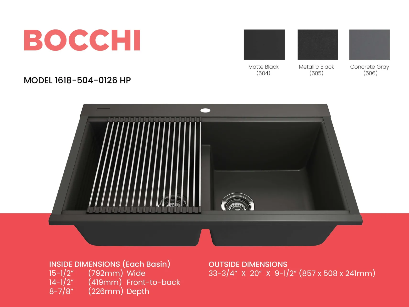 BOCCHI Baveno Lux 34" Undermount Granite Workstation Kitchen Sink Kit with Accessories, 50/50 Double Bowl, Matte Black, 1618-504-0126HP