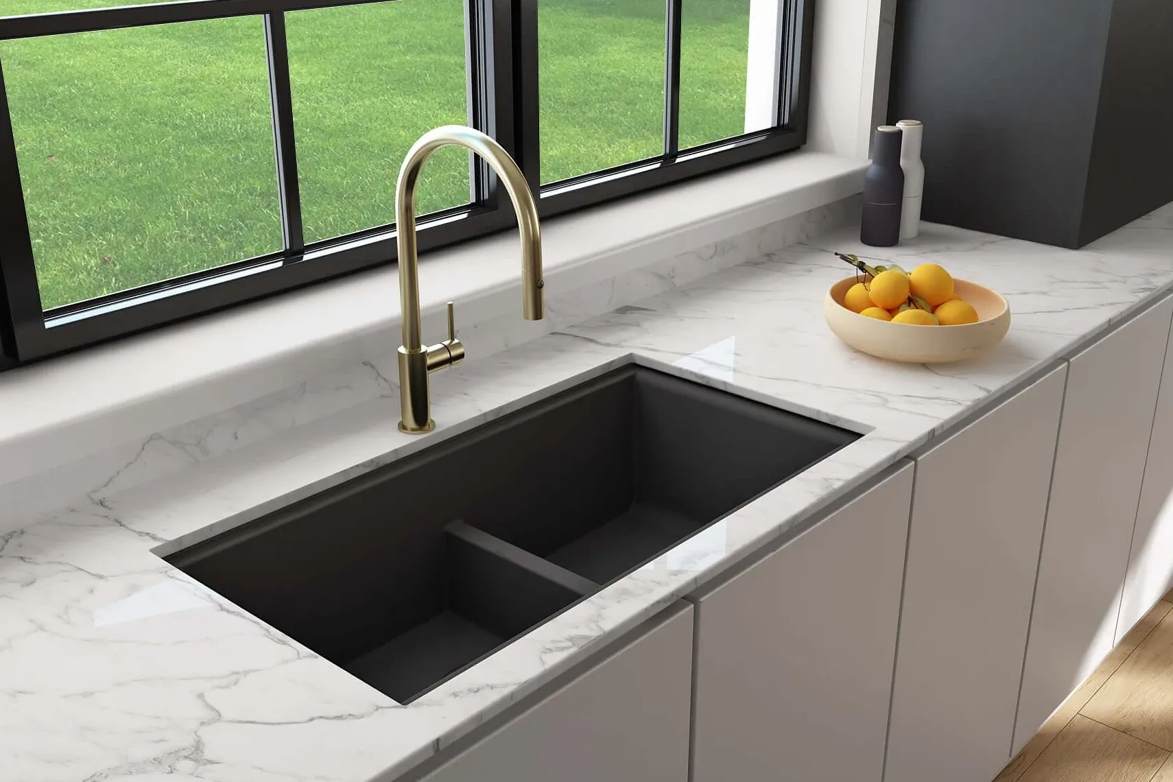 BOCCHI Baveno Lux 34" Undermount Granite Workstation Kitchen Sink Kit with Accessories, 50/50 Double Bowl, Matte Black, 1618-504-0126HP