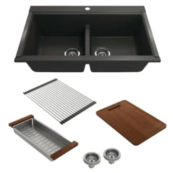 BOCCHI Baveno Lux 34" Undermount Granite Workstation Kitchen Sink Kit with Accessories, 50/50 Double Bowl, Matte Black, 1618-504-0126
