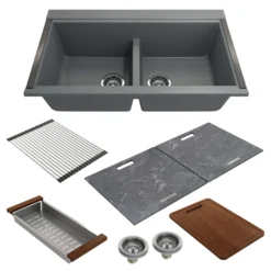 BOCCHI Baveno Lux 34" Undermount Granite Workstation Kitchen Sink Kit with Accessories, 50/50 Double Bowl, Concrete Gray, 1618-506-0126HP