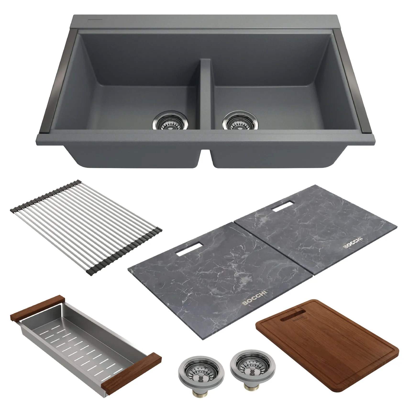 BOCCHI Baveno Lux 34" Undermount Granite Workstation Kitchen Sink Kit with Accessories, 50/50 Double Bowl, Concrete Gray, 1618-506-0126HP