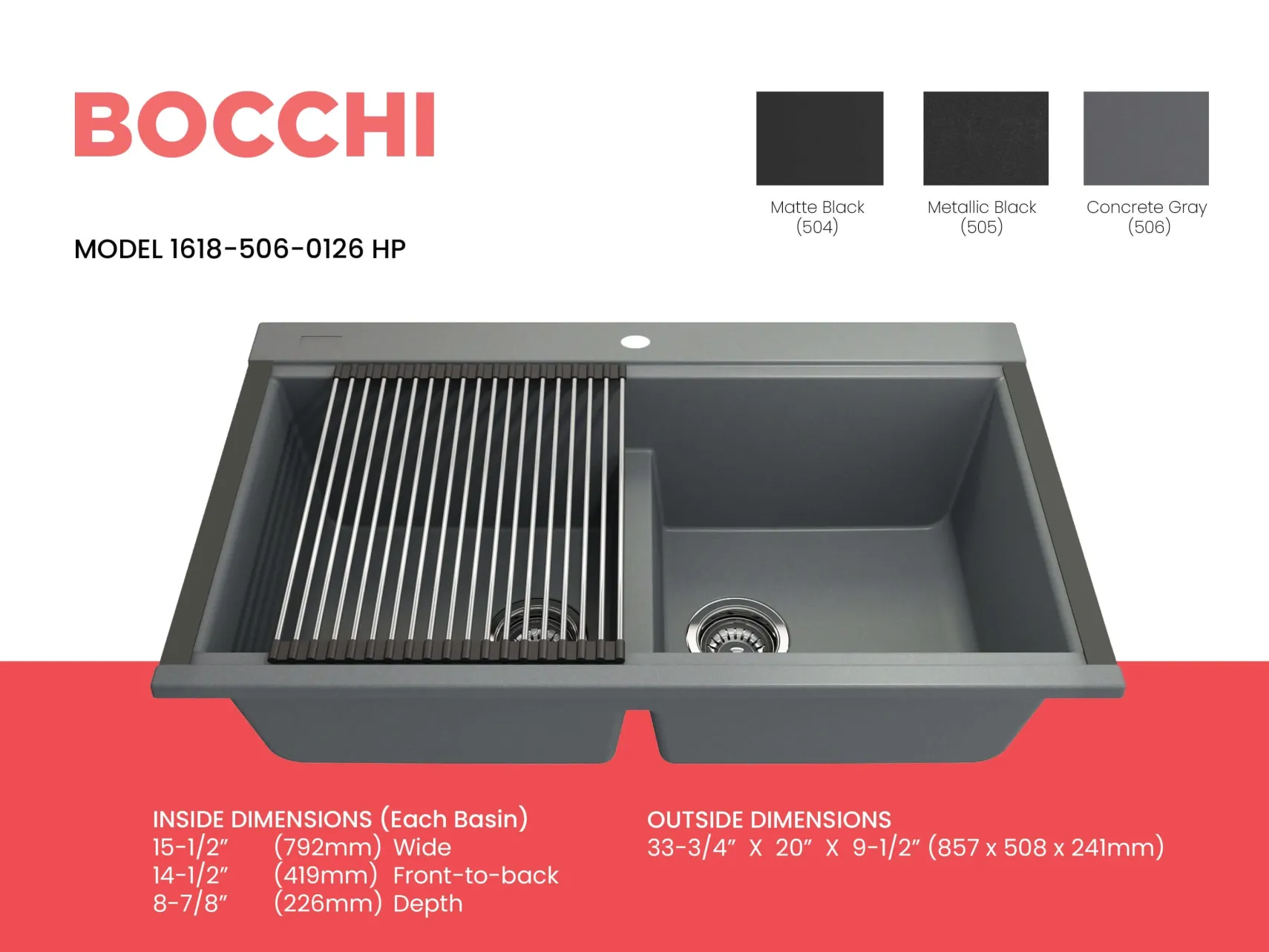 BOCCHI Baveno Lux 34" Undermount Granite Workstation Kitchen Sink Kit with Accessories, 50/50 Double Bowl, Concrete Gray, 1618-506-0126HP