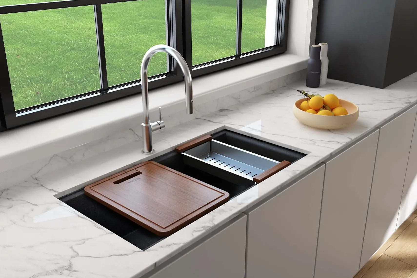 BOCCHI Baveno Lux 34" Undermount Granite Workstation Kitchen Sink Kit with Accessories, 50/50 Double Bowl, Concrete Gray, 1618-506-0126HP