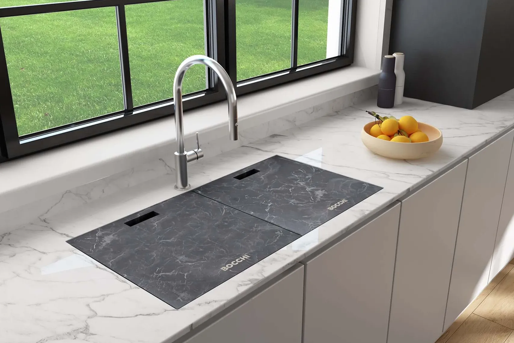 BOCCHI Baveno Lux 34" Undermount Granite Workstation Kitchen Sink Kit with Accessories, 50/50 Double Bowl, Concrete Gray, 1618-506-0126HP