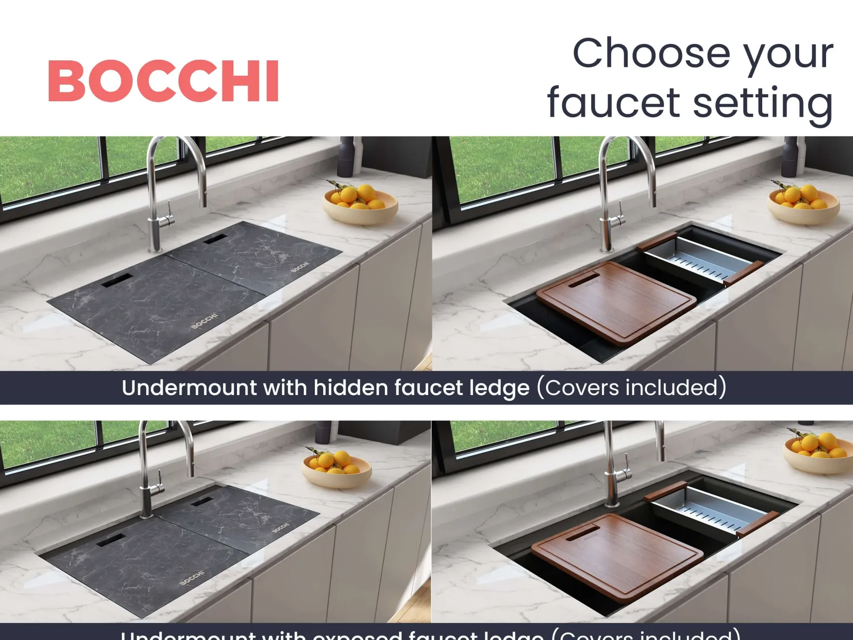 BOCCHI Baveno Lux 34" Undermount Granite Workstation Kitchen Sink Kit with Accessories, 50/50 Double Bowl, Metallic Black, 1618-505-0126HP