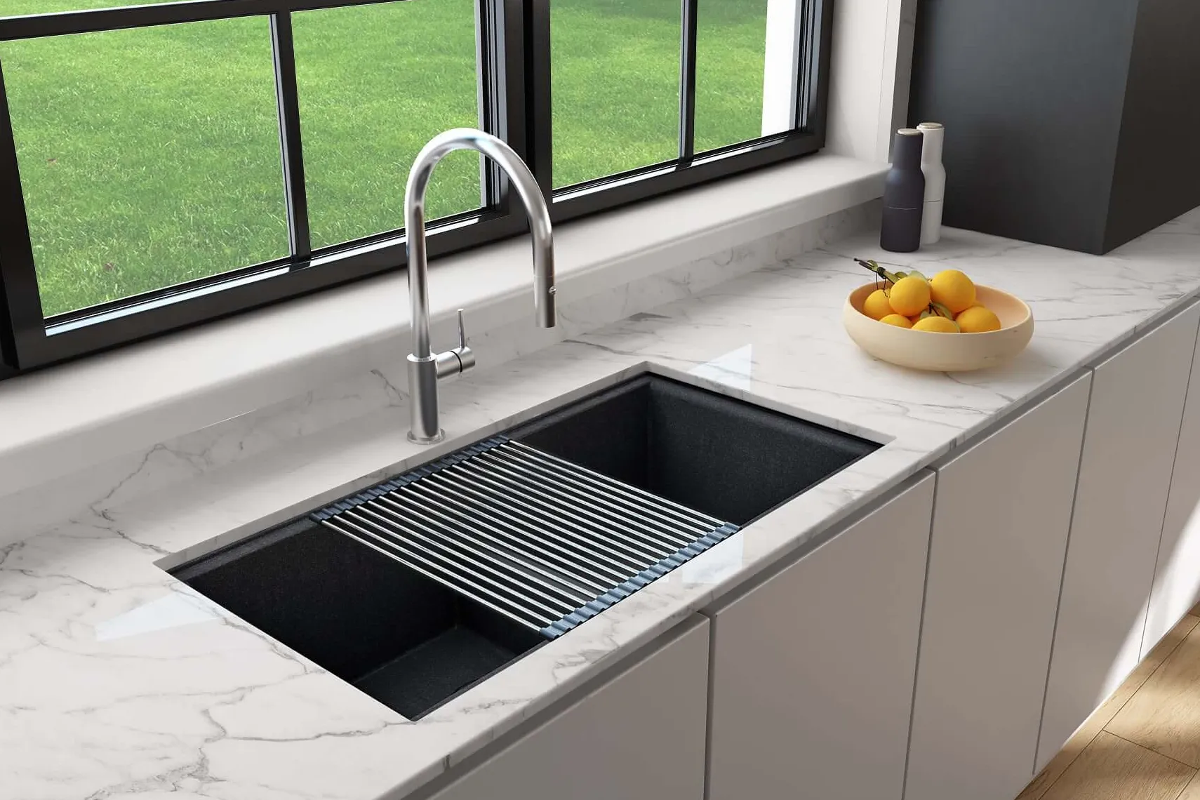 BOCCHI Baveno Lux 34" Undermount Granite Workstation Kitchen Sink Kit with Accessories, 50/50 Double Bowl, Metallic Black, 1618-505-0126HP