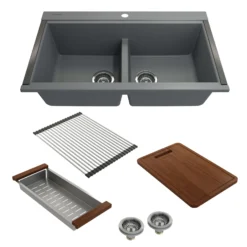 BOCCHI Baveno Lux 34" Undermount Granite Workstation Kitchen Sink Kit with Accessories, 50/50 Double Bowl, Concrete Gray, 1618-506-0126