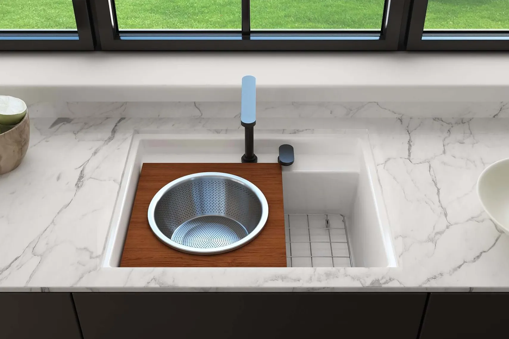 BOCCHI Baveno Uno 27" Dual Mount Fireclay Workstation Kitchen Sink Kit with Accessories, Biscuit, 1633-014-0127