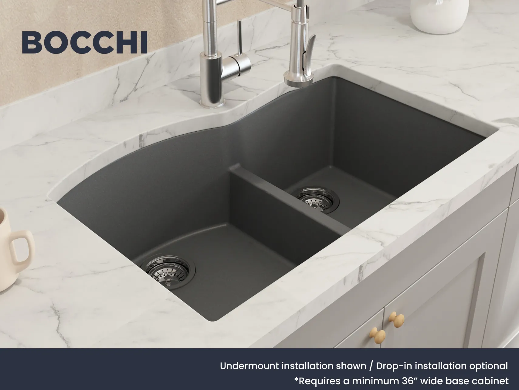 BOCCHI Campino Duo 33" Dual Mount Composite Granite Kitchen Sink, 60/40 Double Bowl, Concrete Gray, 1602-506-0126