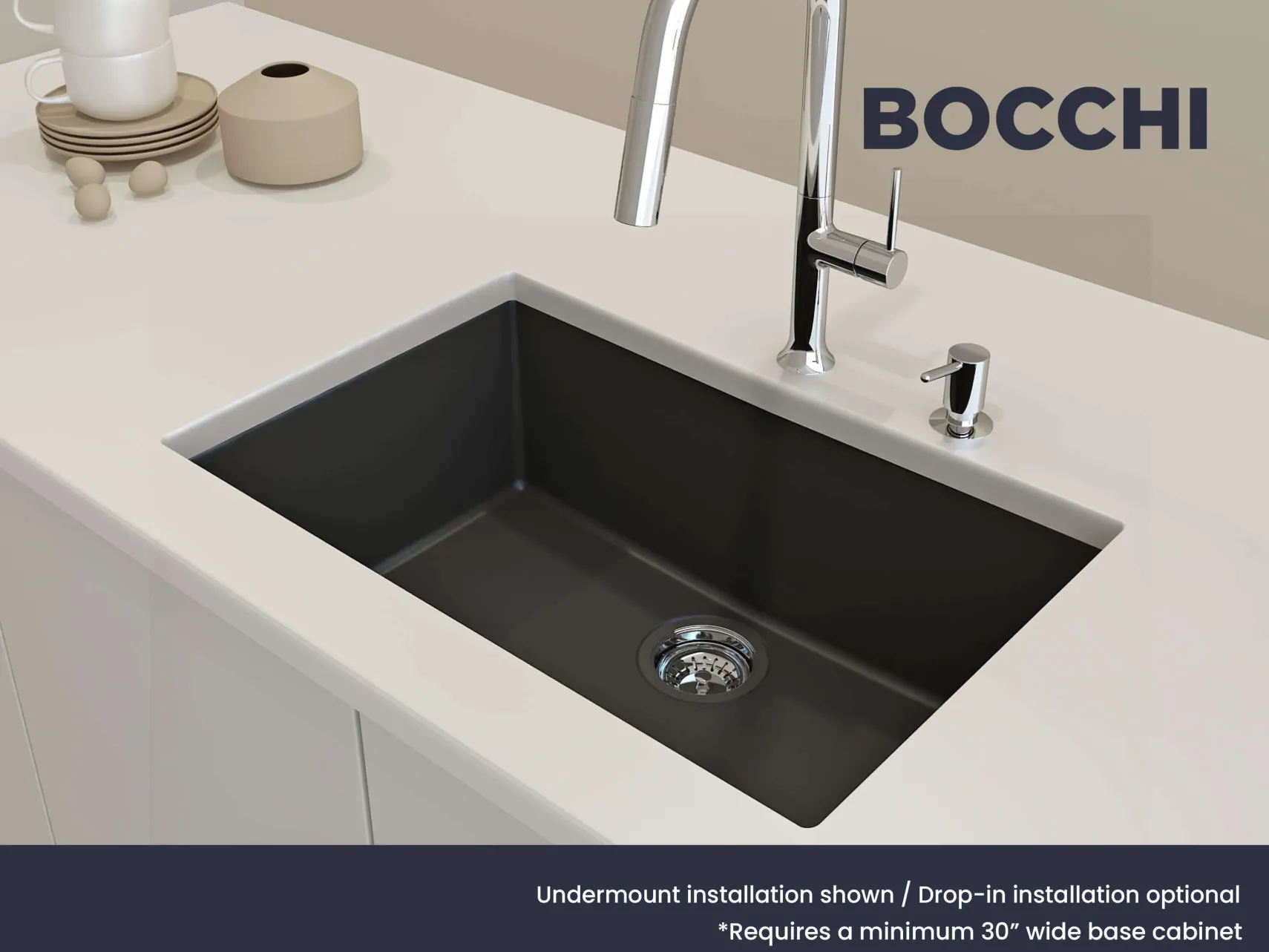 BOCCHI Campino Uno 27" Dual Mount Granite Kitchen Sink Kit, Matte Black, 1634-504-0126