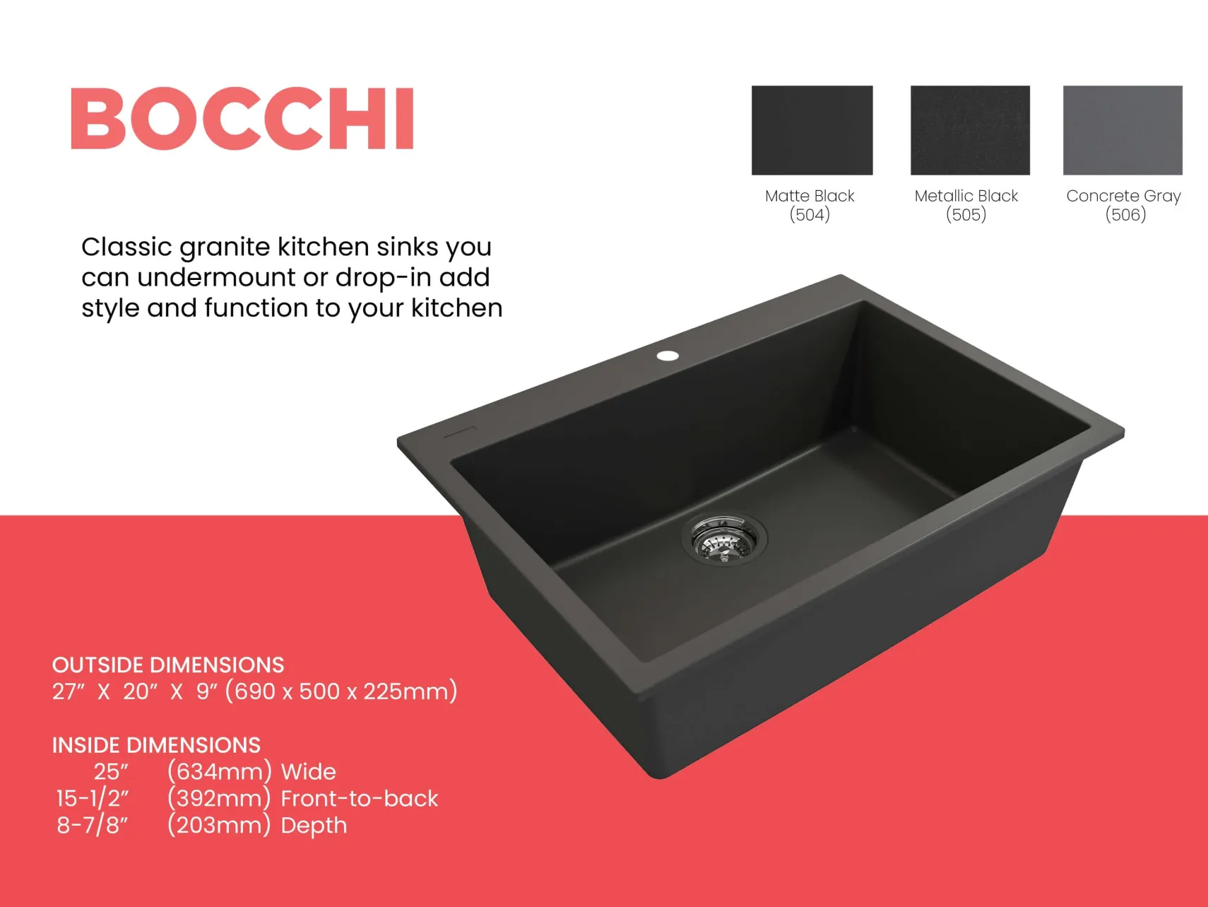 BOCCHI Campino Uno 27" Dual Mount Granite Kitchen Sink Kit, Matte Black, 1634-504-0126