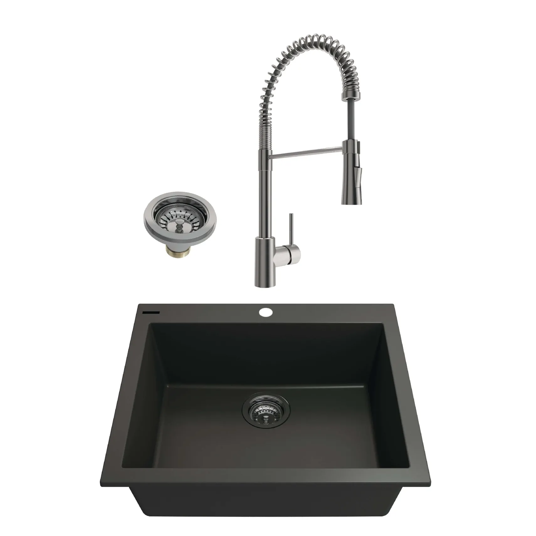 BOCCHI Campino Uno 24" Dual Mount Granite Kitchen Sink Kit with Faucet and Accessories, Matte Black (sink) / Stainless Steel (faucet), 1606-504-2020SS