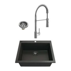 BOCCHI Campino Uno 24" Dual Mount Granite Kitchen Sink Kit with Faucet and Accessories, Matte Black (sink) / Chrome (faucet), 1606-504-2020CH