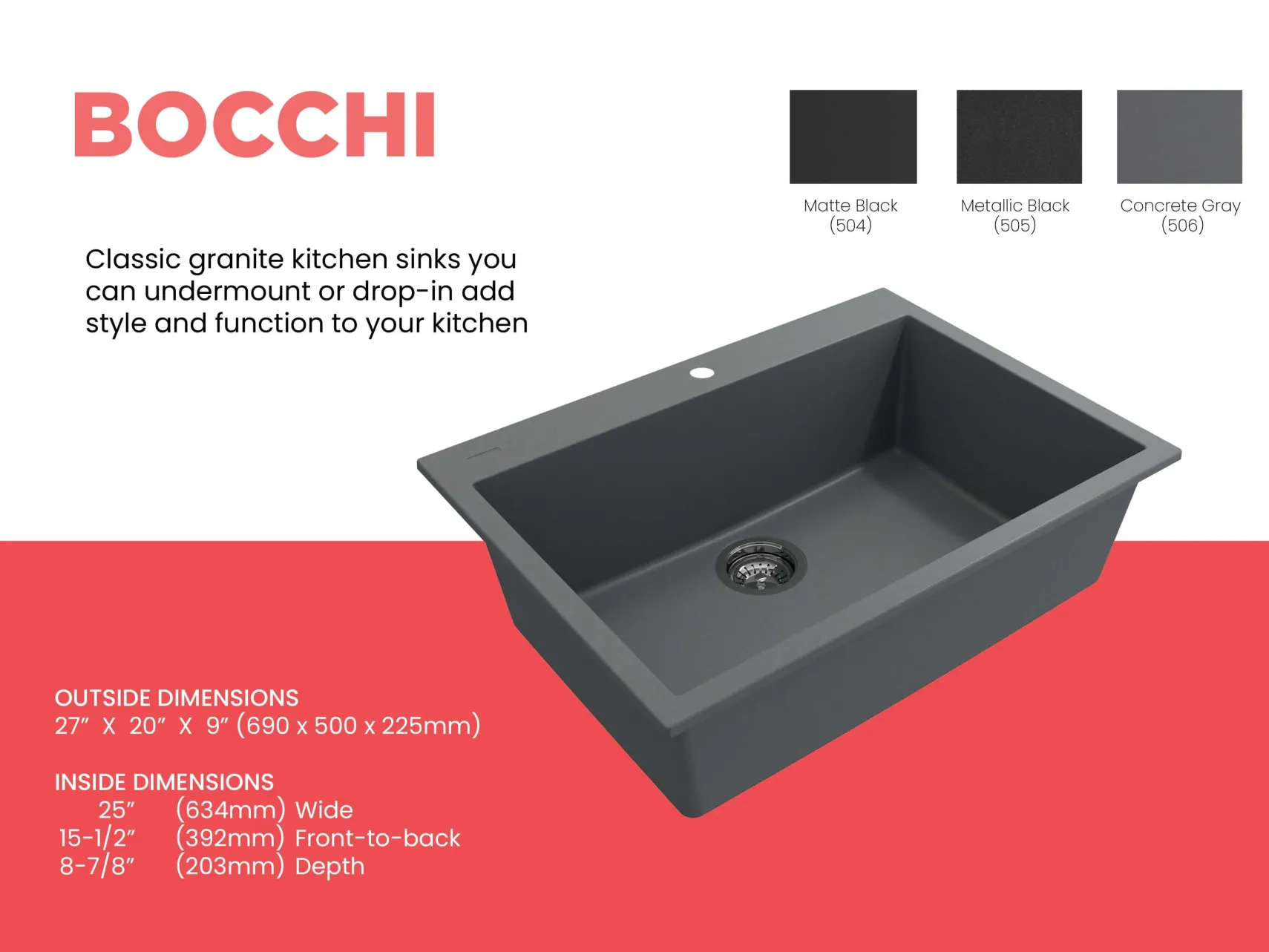 BOCCHI Campino Uno 27" Dual Mount Granite Kitchen Sink Kit, Concrete Gray, 1634-506-0126
