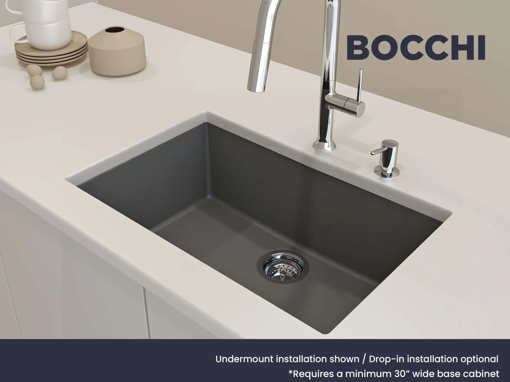 BOCCHI Campino Uno 27" Dual Mount Granite Kitchen Sink Kit, Concrete Gray, 1634-506-0126