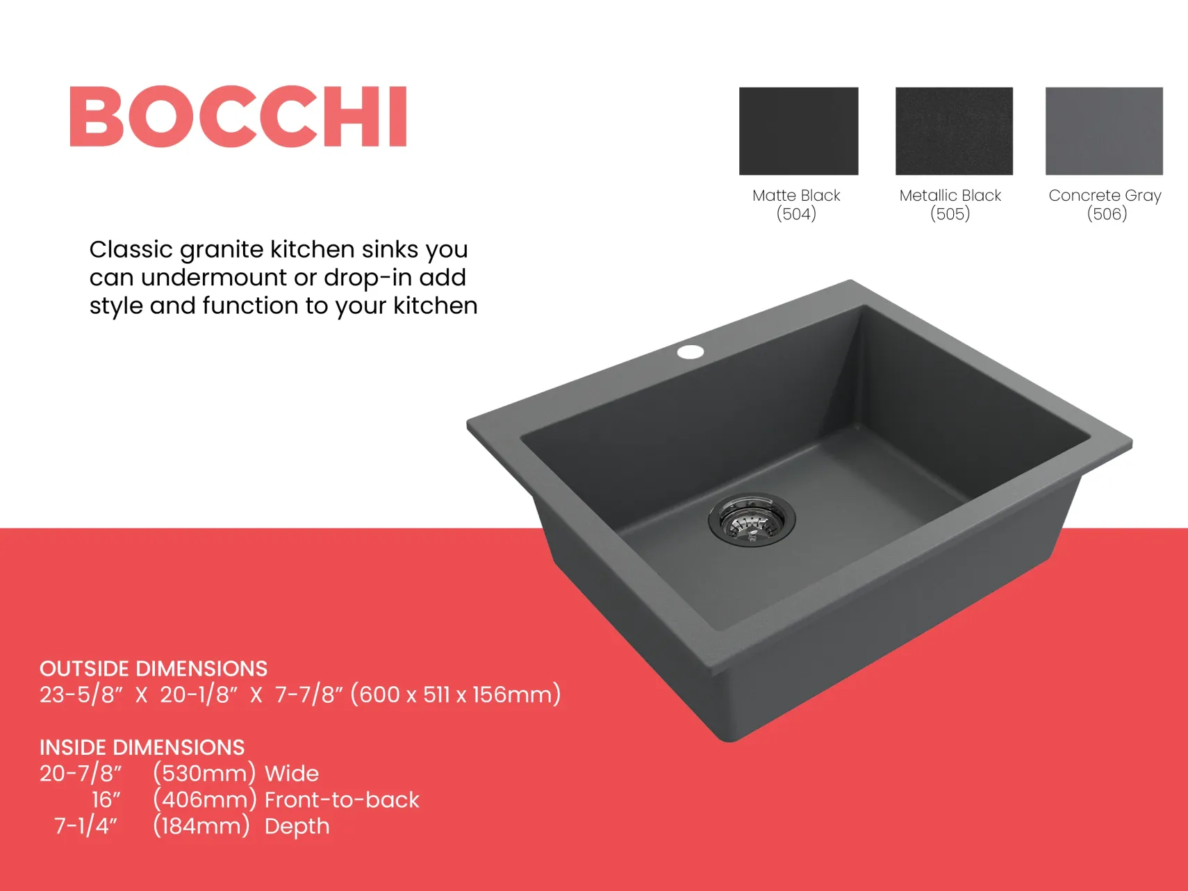 BOCCHI Campino Uno 24" Dual Mount Composite Granite Kitchen Sink, Concrete Gray, 1606-506-0126