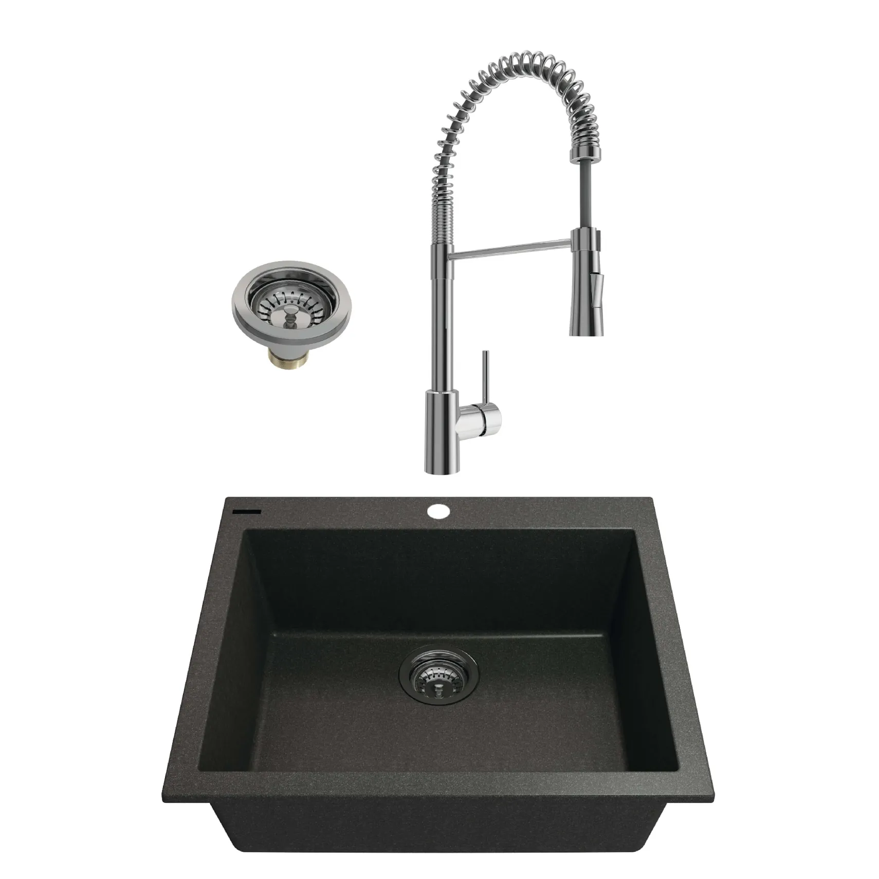 BOCCHI Campino Uno 24" Dual Mount Granite Kitchen Sink Kit with Faucet and Accessories, Metallic Black (sink) / Chrome (faucet), 1606-505-2020CH