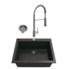 BOCCHI Campino Uno 24" Metallic Black Dual Mount Granite Kitchen Sink Kit with Stainless Steel Faucet and Accessories, 1606-505-2020SS