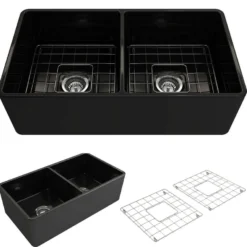 BOCCHI Classico 33" Fireclay Farmhouse Apron 50/50 Double Bowl Kitchen Sink, Black, 1139-005-0120