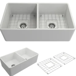 BOCCHI Classico 33" Fireclay Farmhouse Apron 50/50 Double Bowl Kitchen Sink, Matte White, 1139-002-0120